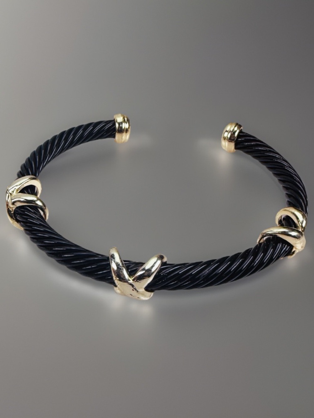 Black Cable Cuff Bracelet with Light Goldtone Accents